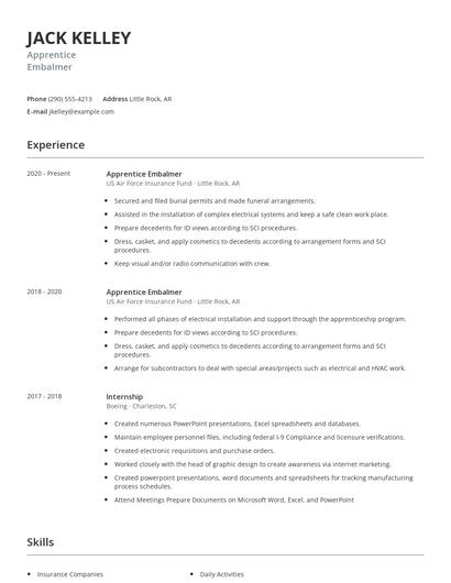 Apprentice Embalmer Resume