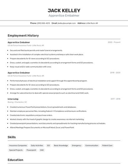 Apprentice Embalmer Resume
