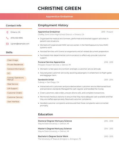 Apprentice Embalmer Resume