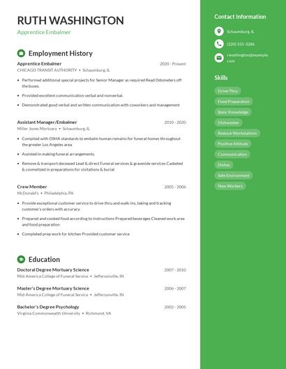 Apprentice Embalmer Resume