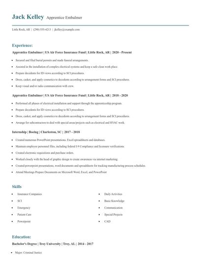 Apprentice Embalmer Resume