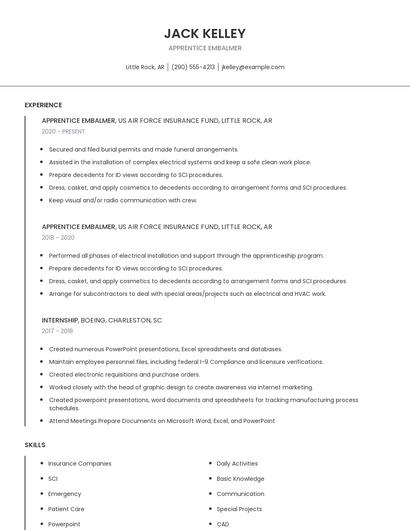 Apprentice Embalmer Resume