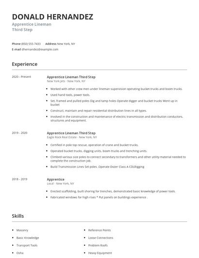 Apprentice Lineman Third Step Resume