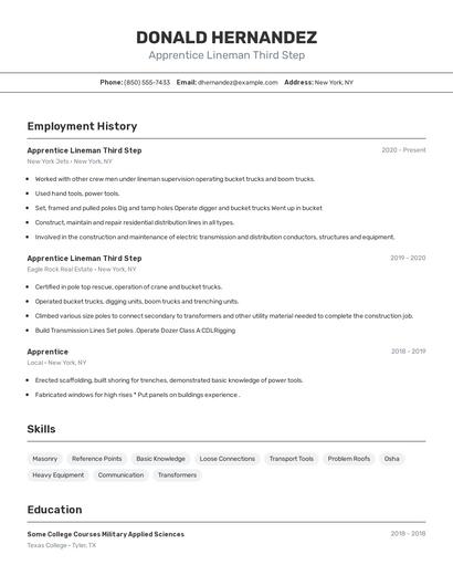 Apprentice Lineman Third Step Resume