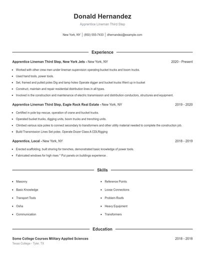 Apprentice Lineman Third Step Resume