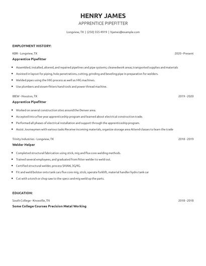 Apprentice Pipefitter Resume