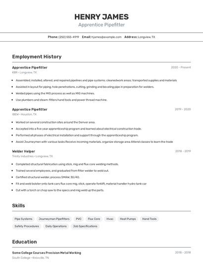 Apprentice Pipefitter Resume