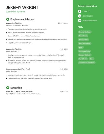 Apprentice Pipefitter Resume