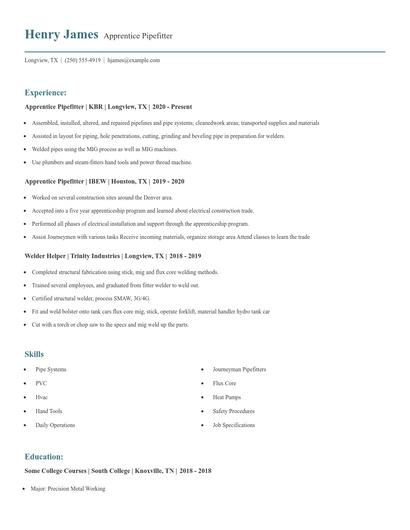 Apprentice Pipefitter Resume