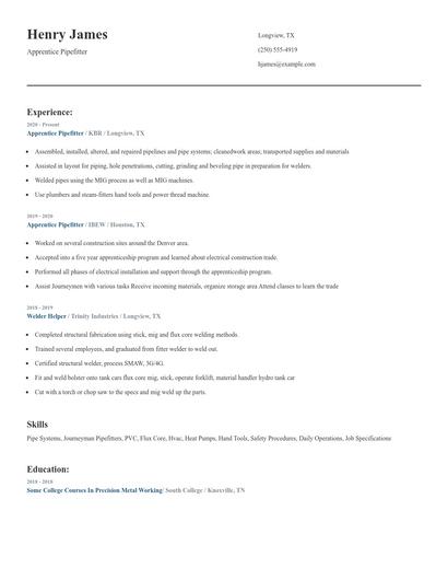Apprentice Pipefitter Resume