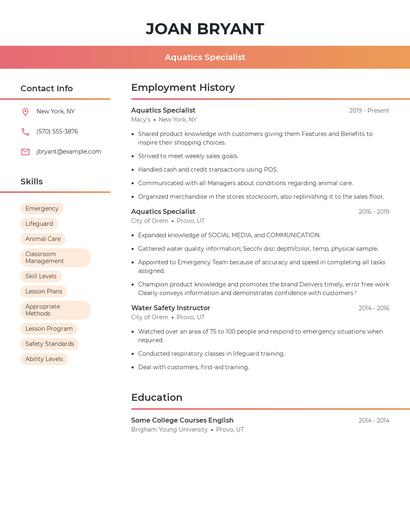 Aquatics Specialist Resume