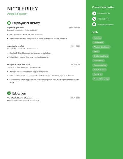 Aquatics Specialist Resume