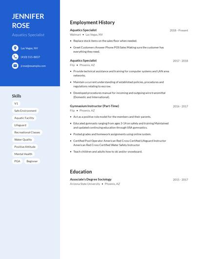 Aquatics Specialist Resume