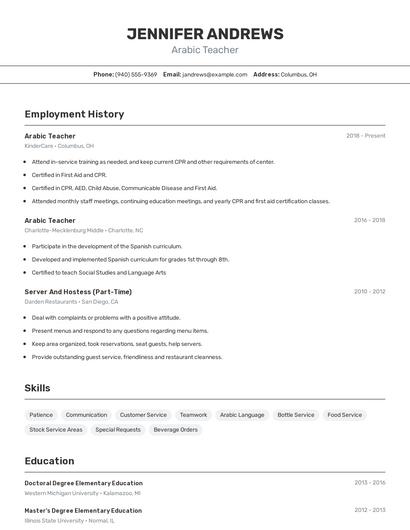 Arabic Teacher Resume