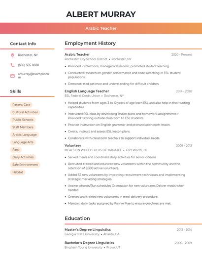 Arabic Teacher Resume