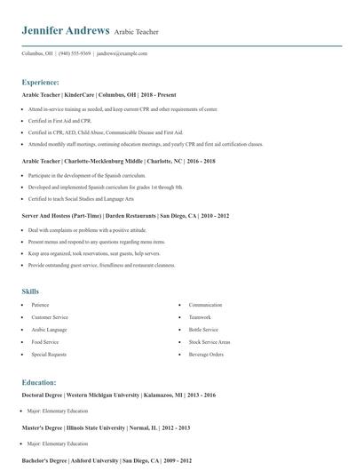 Arabic Teacher Resume