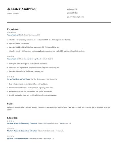 Arabic Teacher Resume