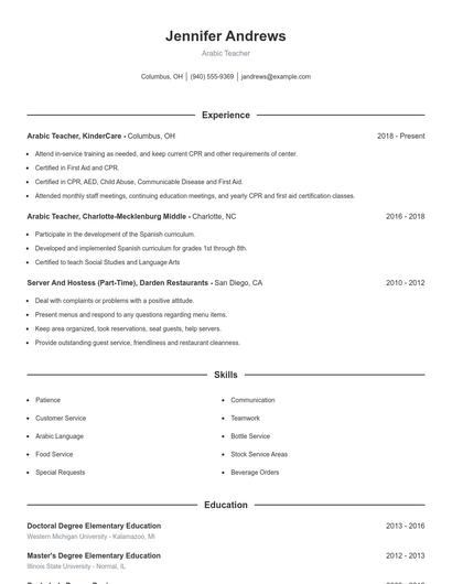 Arabic Teacher Resume