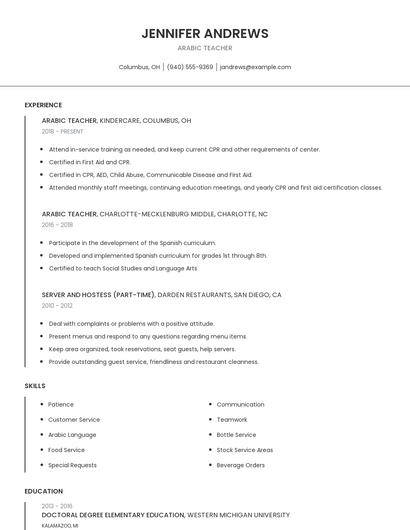 Arabic Teacher Resume