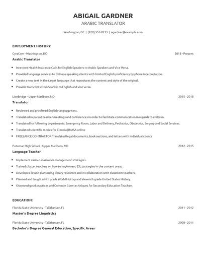 Arabic Translator Resume