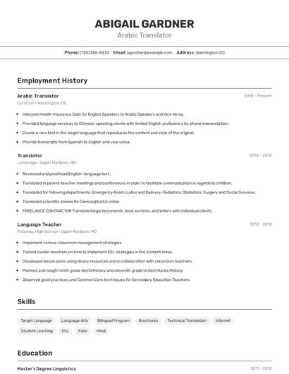 Arabic Translator Resume
