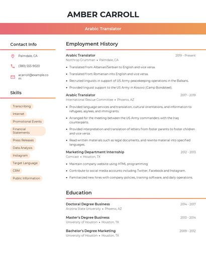Arabic Translator Resume