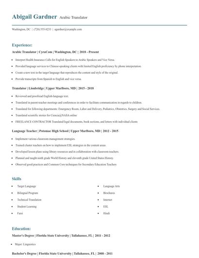 Arabic Translator Resume
