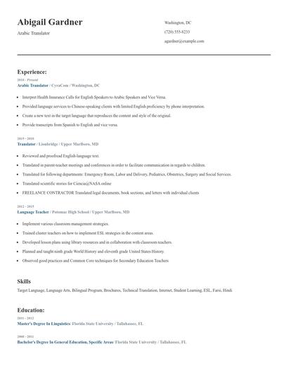 Arabic Translator Resume