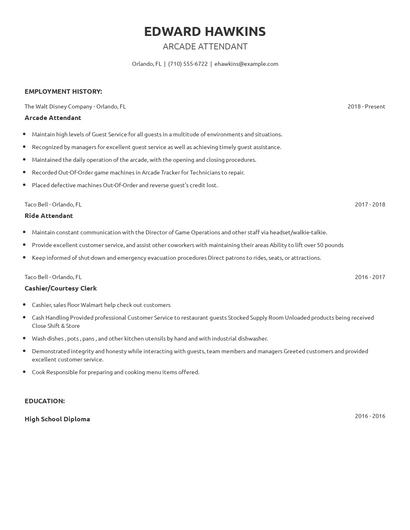 Arcade Attendant Resume