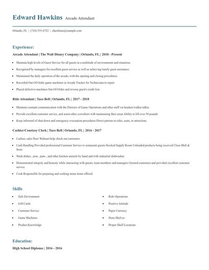Arcade Attendant Resume