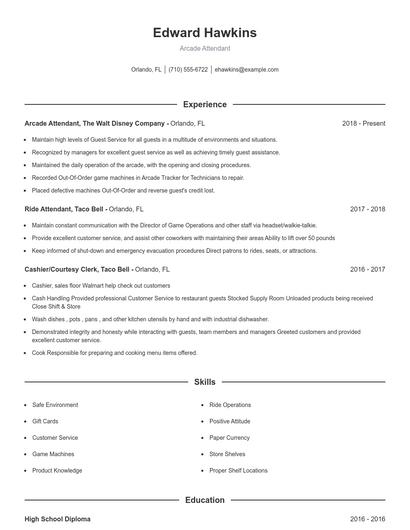 Arcade Attendant Resume