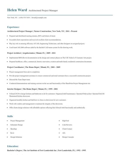 Architectural Project Manager Resume
