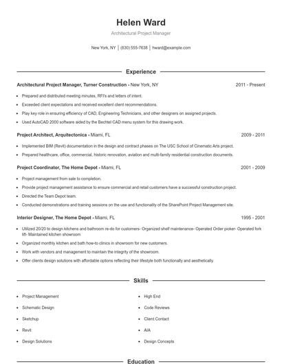 Architectural Project Manager Resume