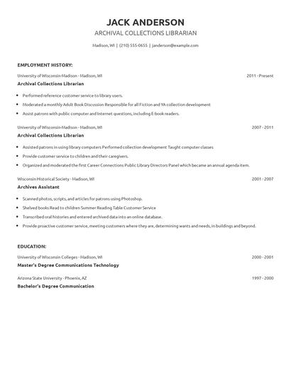 Archival Collections Librarian Resume