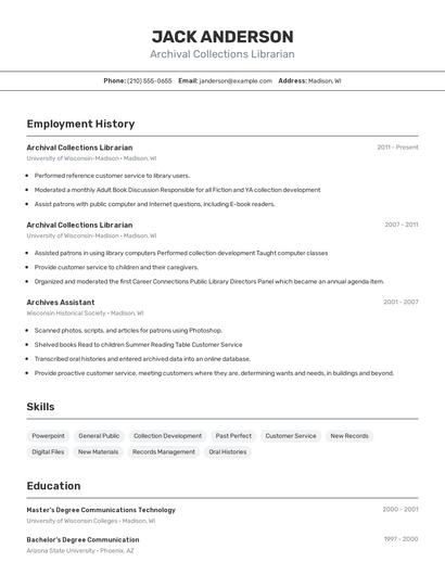 Archival Collections Librarian Resume