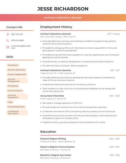 Archival Collections Librarian Resume