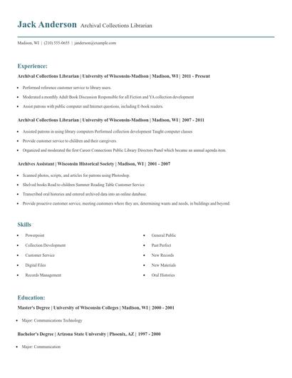 Archival Collections Librarian Resume