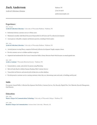 Archival Collections Librarian Resume