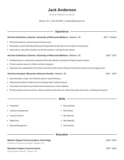 Archival Collections Librarian Resume