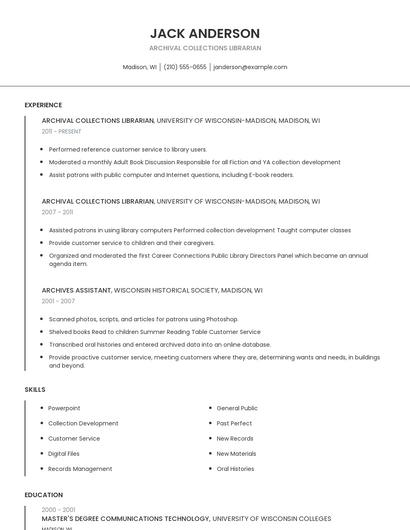 Archival Collections Librarian Resume