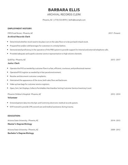 Archival Records Clerk Resume