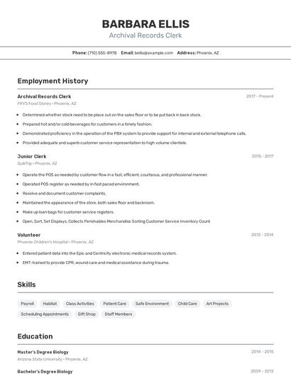 Archival Records Clerk Resume