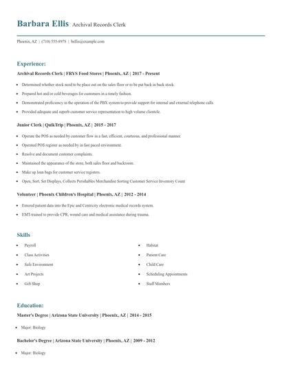 Archival Records Clerk Resume