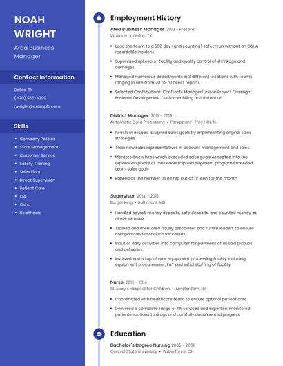 Area Business Manager Resume