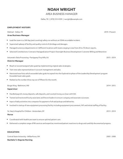 Area Business Manager Resume