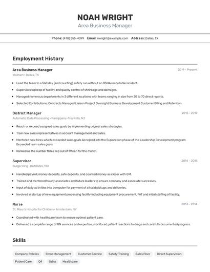 Area Business Manager Resume