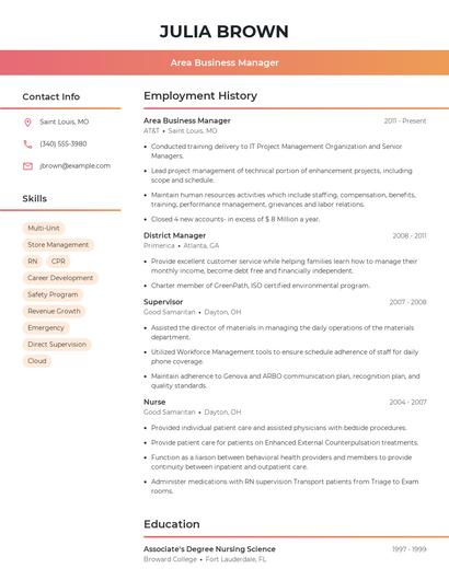 Area Business Manager Resume