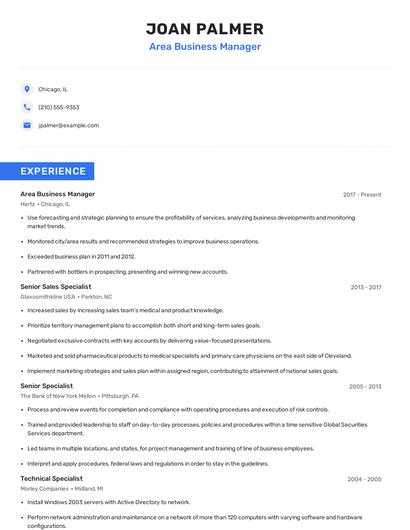 Area Business Manager Resume