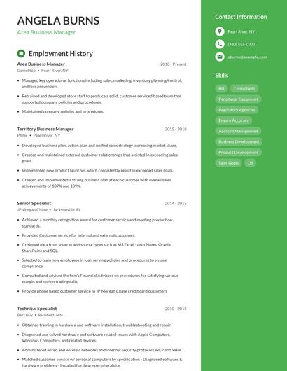 Area Business Manager Resume