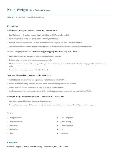 Area Business Manager Resume